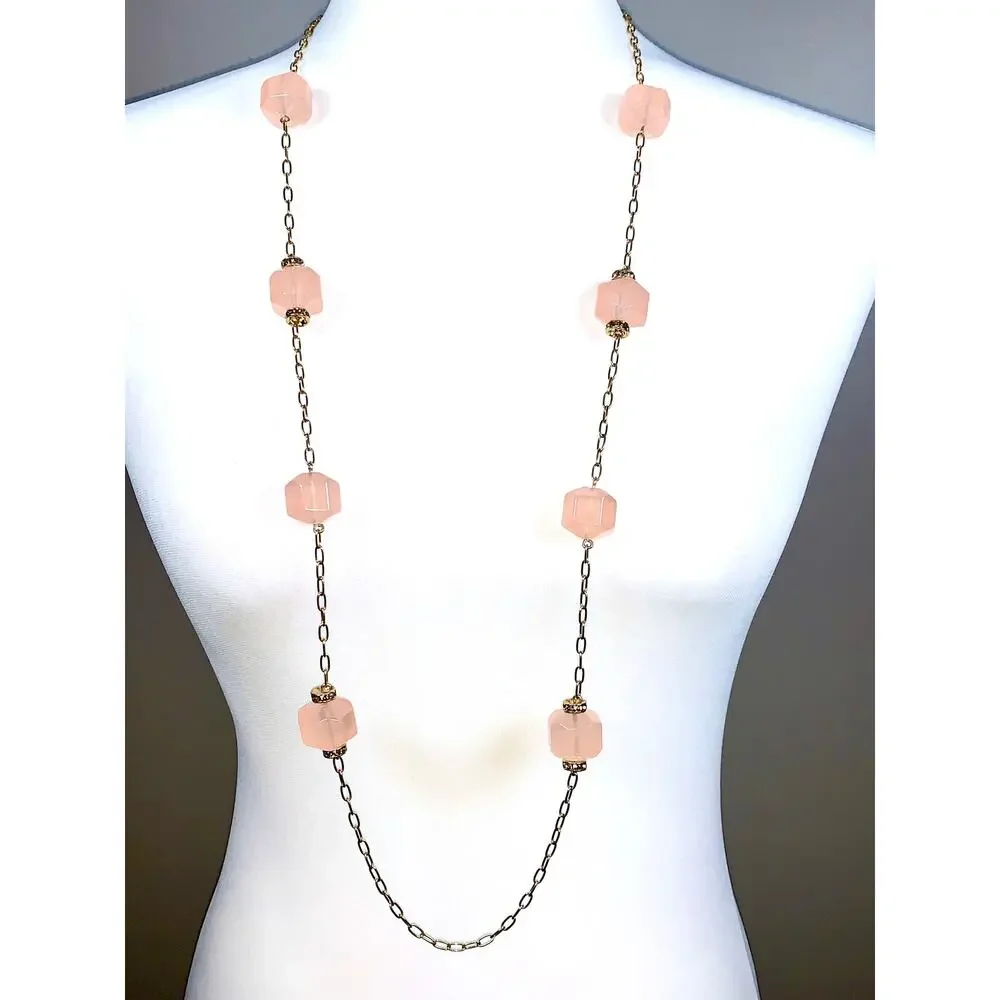 Vintage J. Crew Gold Tone Cube Faux Rose Quartz Crystal Chunky Necklace